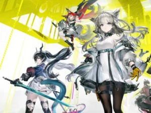 Tre personaggi di Arknights in un ambiente futuristico.