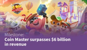 Personaggi colorati di Coin Master festeggiano un traguardo.