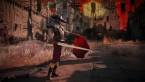 Guerriero con spada e mantello in un ambiente epico.