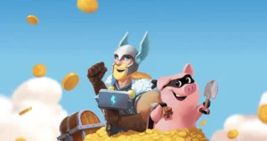 Un guerriero e un maiale sorridente tra monete dorate.