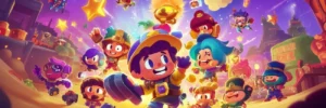 Personaggi di Brawl Stars in un'atmosfera festosa e colorata.