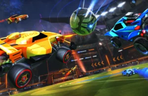 Auto da corsa nel gioco Rocket League in azione.