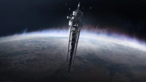 Una torre spaziale fluttua sopra la Terra.